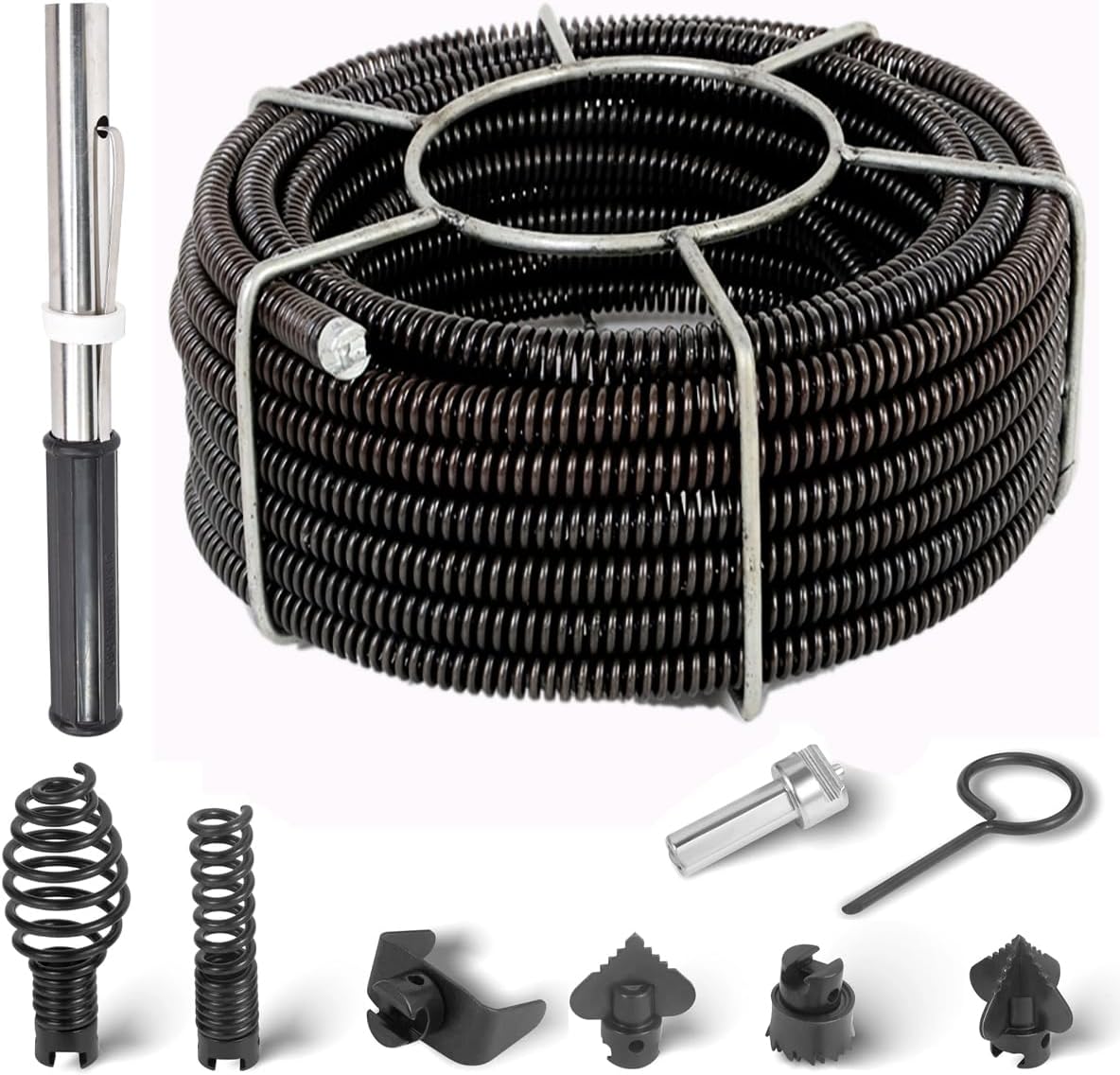 65.6 Feet x 5/8 Inch Drain Cleaning Cable with 6 Cutters, Drill Shank/Drill Connecting Shaft & Cable Feeder for 0.8" to 4.0" Pipes, Hollow Core Sewer Auger Cable
