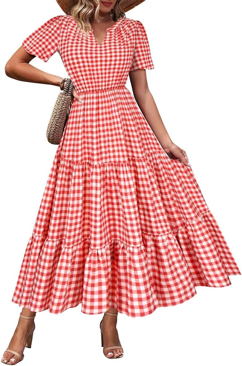 TIYOMI Women Plus Size Dress Boho V Neck Short Sleeve Beach Maxi Dresses Floral/Stripe/Leaves/Lemon XL-5XL