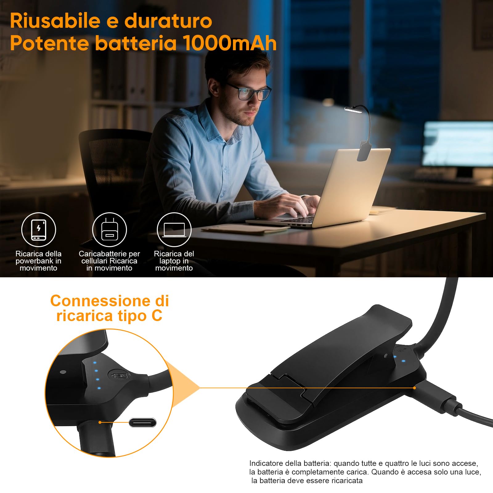 Lampada da Lettura con Clip Ricaricabile, 24 LED 3 Temperature di Luce (2700K/4000K/6000K), 5 Livelli Luminosità, 360° Regolabile, Batteria 1000mAh USB-C - Ideale per Letto, Libri, Bambini e Ufficio
