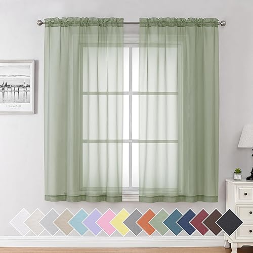 Cortinas traslúcidas verde salvia de 63 pulgadas de largo, juego de 2 paneles para cocina de granja, elegantes tratamientos de ventana de gasa