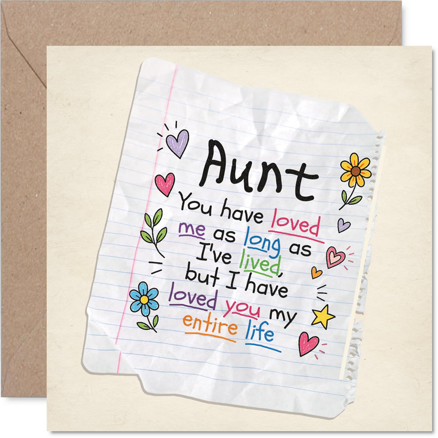Heartfelt Birthday Card for Aunt - Full of Love and Gratitude - Crumpled Notebook Paper with Colourful Hearts and Doodles, Mother's Day - 145mm Square, Envelope Included