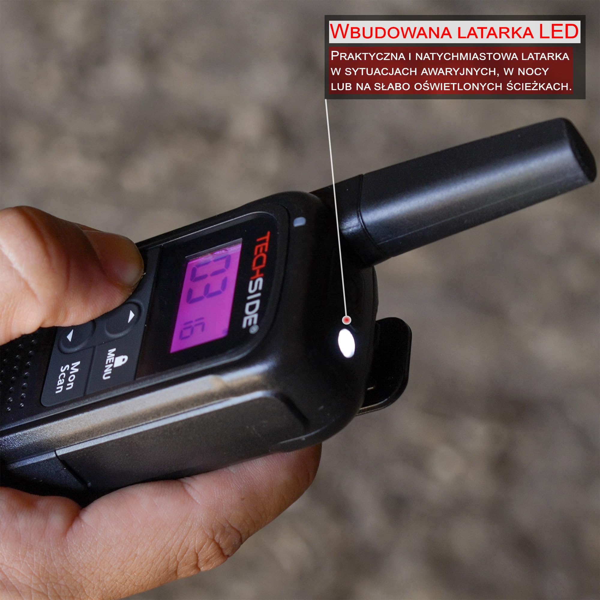 TechSide TS-T3 Go Krótkofalówka (Radiotelefon) PMR446, 16 kanałów, zasięg 10 km, ładowanie USB-C, z latarką LED, 2 sztuki