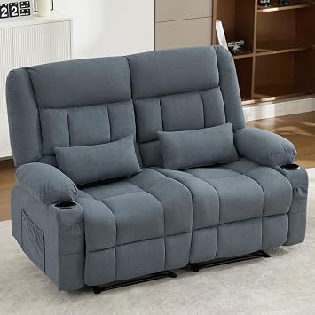 Reclining Loveseat with Cup Holders, Oversized Recliner Love Seat Sofa, Manual Recliner Couch with Ergonomic, Side Pocket for Adult Blue