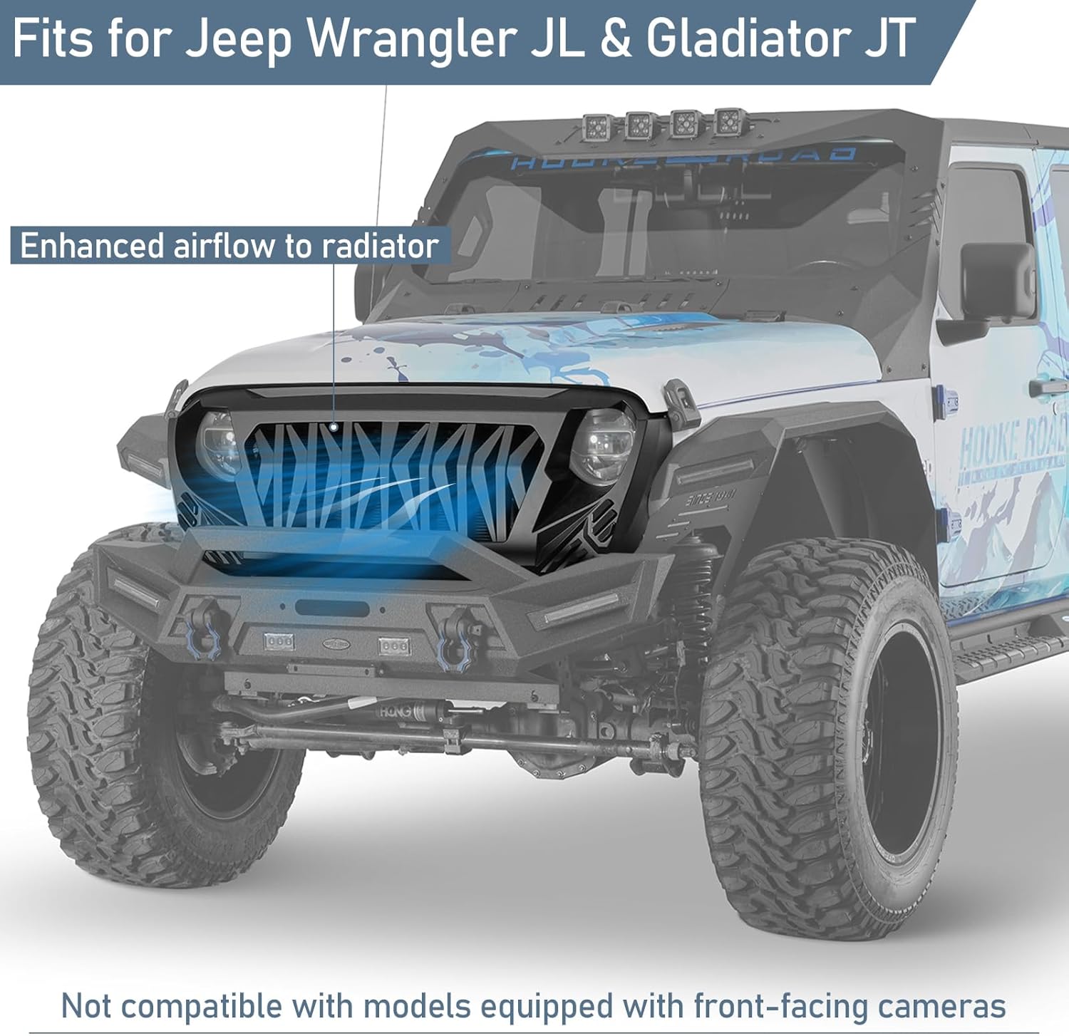 Hooke Road JL/JT Front Grill Cover Shark Grille Guard for Jeep Wrangler JL JLU & Gladiator JT 2018-2026 (Amber Signal Lights Included)