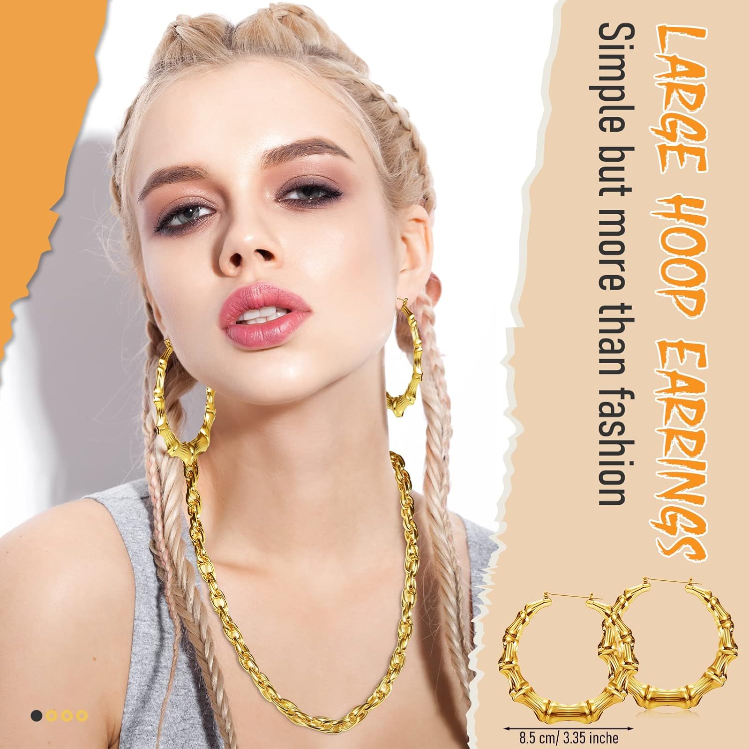 4 Pcs 90s Jewelry Accessories for Women Hip Hop Costume Kit Big Hoop Earrings Set Necklace Bamboo Pendant Cuban Chain Necklace Bracelet for Women Rapper(Cool Style) - Image 5
