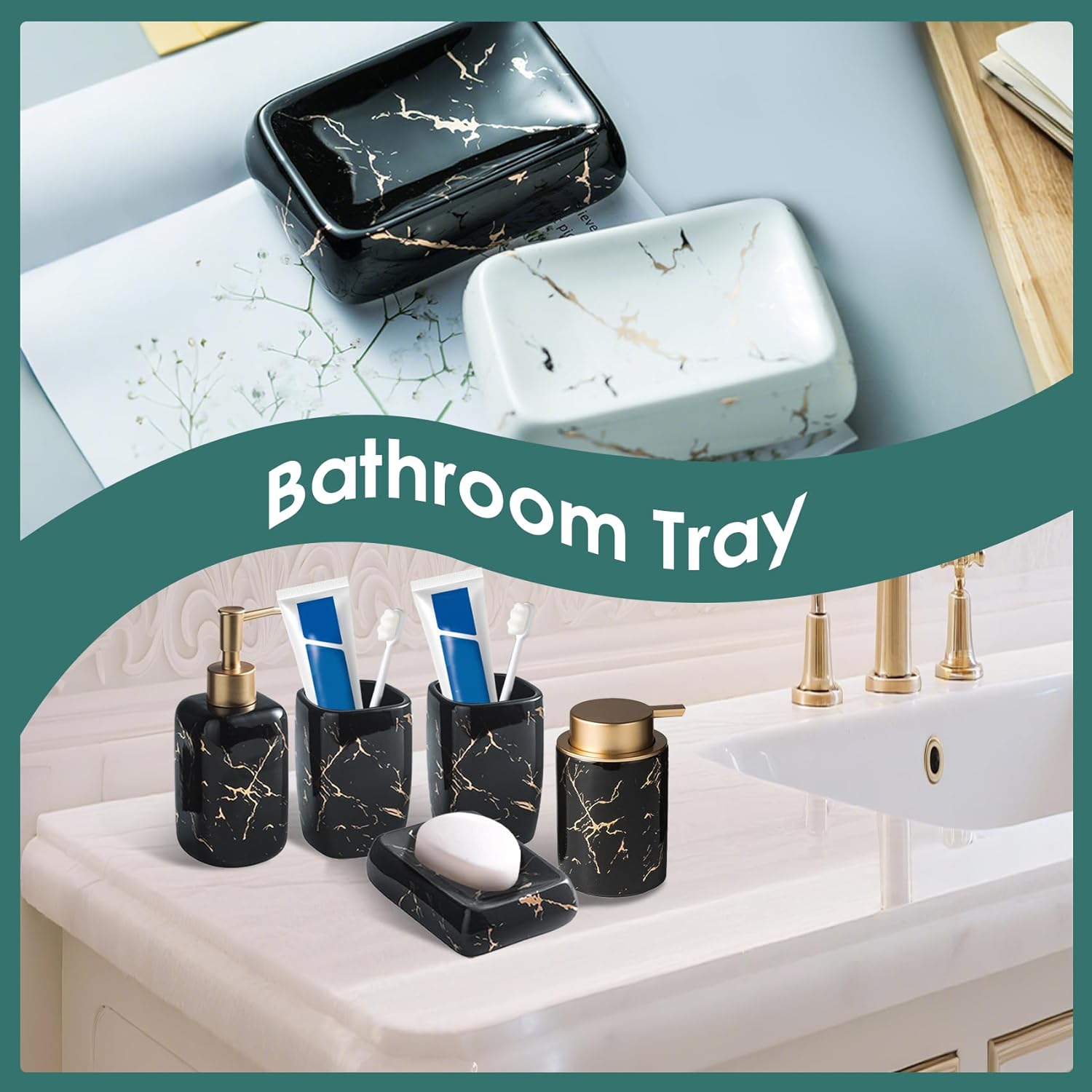 Bathroom Accessories Set, 5 Pieces of Ceramic and Gold Bathroom Accessories Set, foaming Dispenser, soap Dispenser, 2 mouthwash Cups, soap, Waterproof and Easy to Clean (Black and Gold)