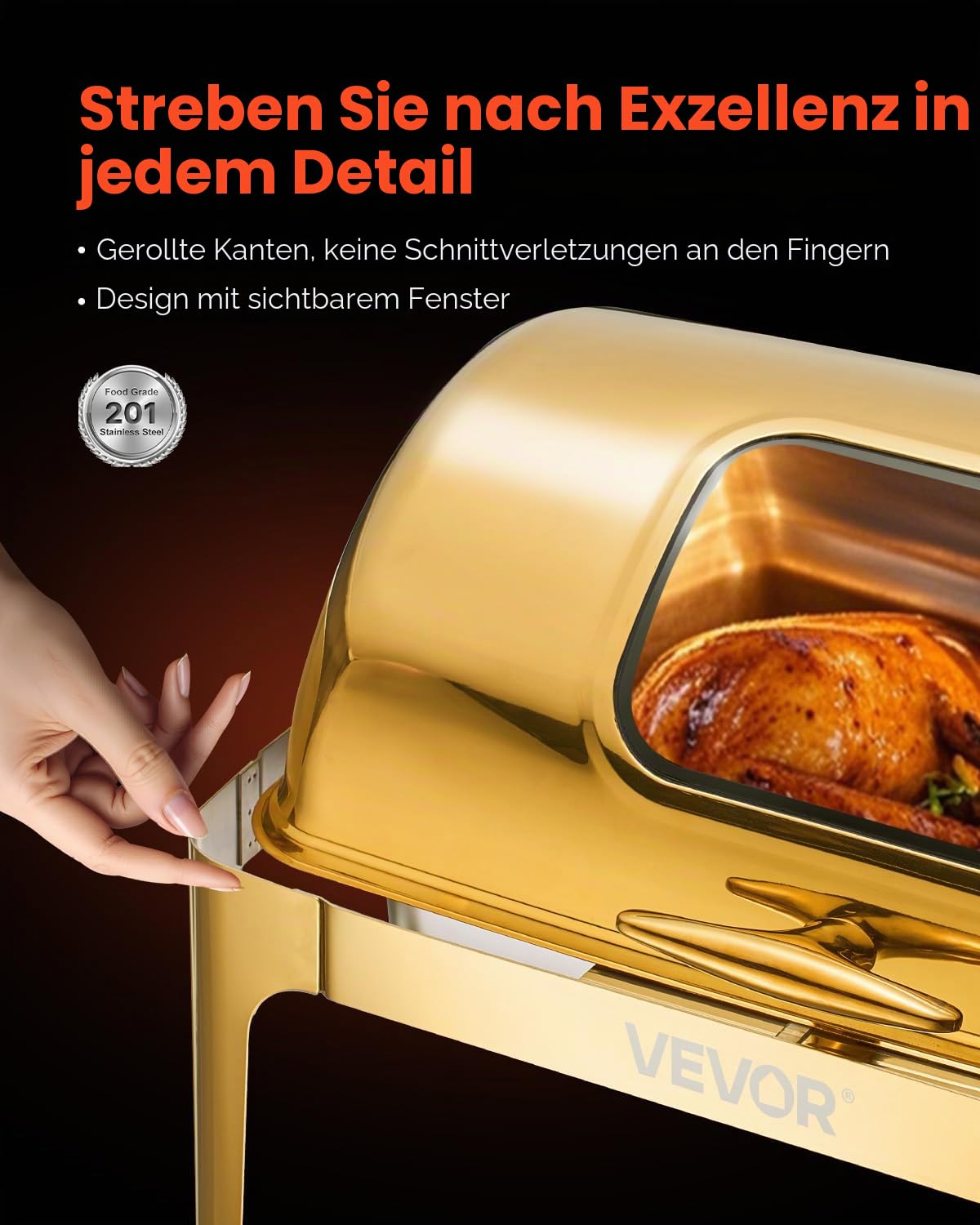 VEVOR Chafing Dish Set Speisenwärmer Edelstahl mit Pfannen in voller Größe (8,5 L), rechteckiger Wärmespender mit sichtbarem Deckel & Wasserpfannenständer & Brennstoffhalter, für Partys Gold