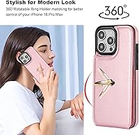 Vista 3 de Folosu Funda compatible con iPhone 16 Pro Max con soporte para tarjetas, rotación de 360°, soporte de anillo de dedo con función atril, bloqueo Oro