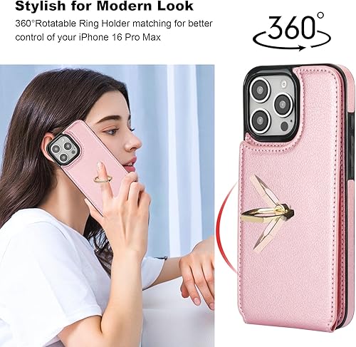 Miniatura 3 de Folosu Funda compatible con iPhone 16 Pro Max con soporte para tarjetas, rotación de 360, soporte de anillo de dedo con función atril, bloqueo RFID,