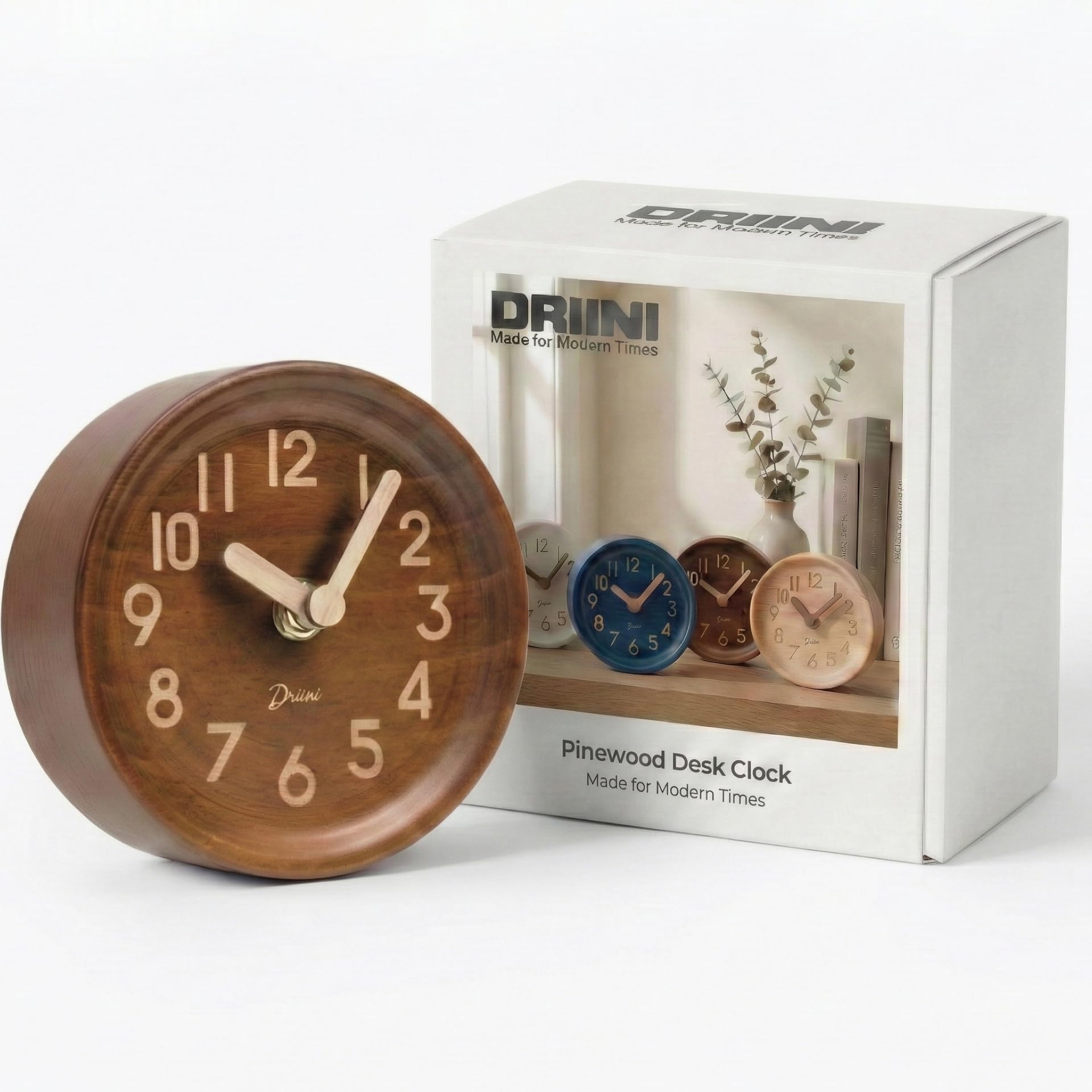 Driini Wooden Analog Desktop Clock – 4.3 in. Decorative Pinewood Clock, No-Tick Design – Easy to Read Silent Sweep Mantle Clock – Quiet Tabletop Clocks with Wood Body, Hands, & Battery Cover; Dark