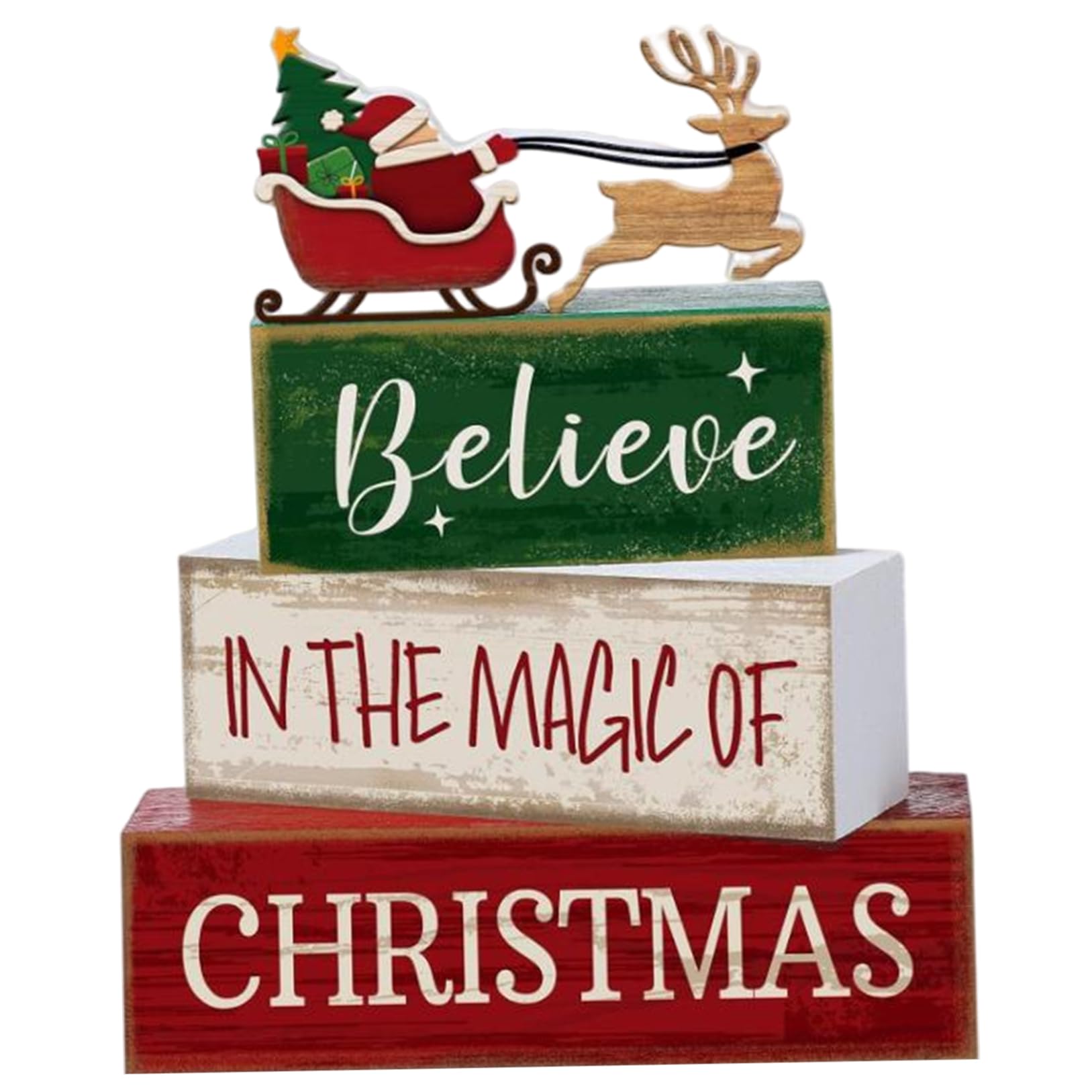 CAKEEYUM Christmas Centerpieces for Tables 4Pcs/Set Wooden Christmas Ornaments with Santa and Sled Table Sign Rustic Tiered Tray Decor for Home Farmhouse Office Table Centerpieces, Ta