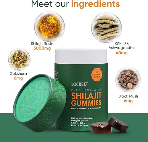 Miniatura 4 de Gomitas shilajit del Himalaya con ashwagandha, sin azúcar añadida, orgánicas, 75% más de ácido fúlvico y más de 85 minerales traza, para hombres y