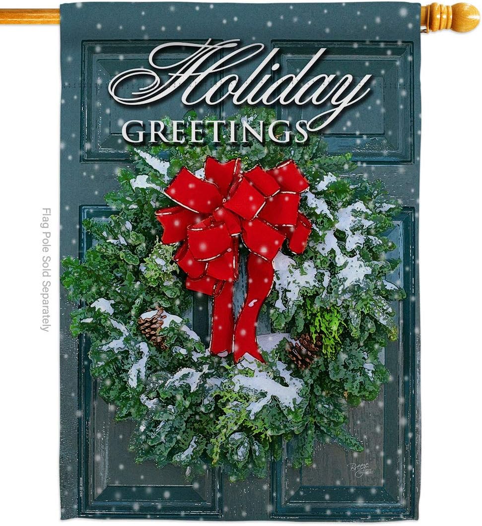 Holiday Greeting Wreath House Flag Wintertime Winter Wonderland Snowflake Snowman Ice Skate Season Snow Small Decorative Gift Yard Banner Made In USA 28 X 40