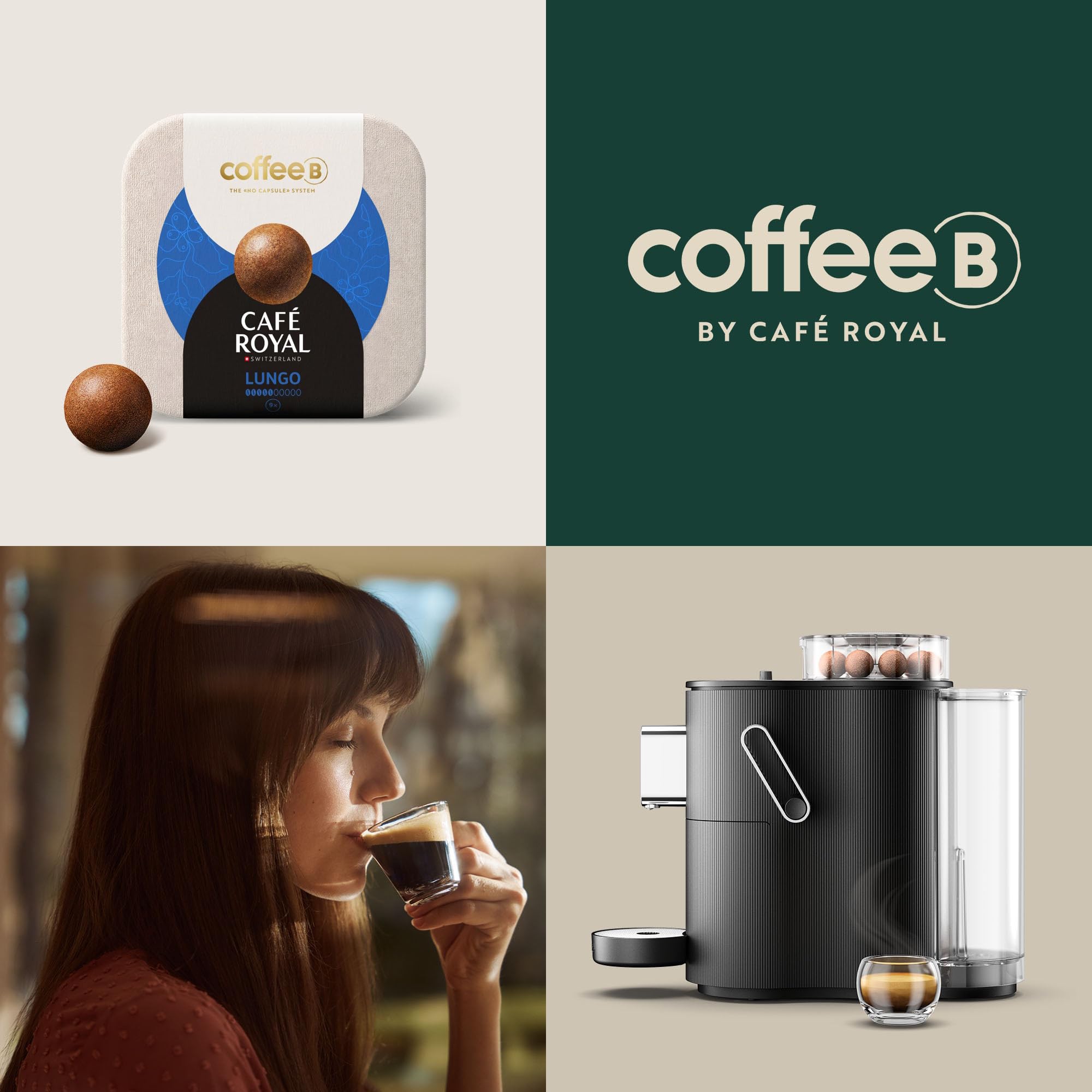 CAFE ROYAL SWITZERLAND PROFESSIONAL Machine à Café CoffeeB Globe Noir 1.3L avec 90 Coffee Balls Lungo - 100% Compostables