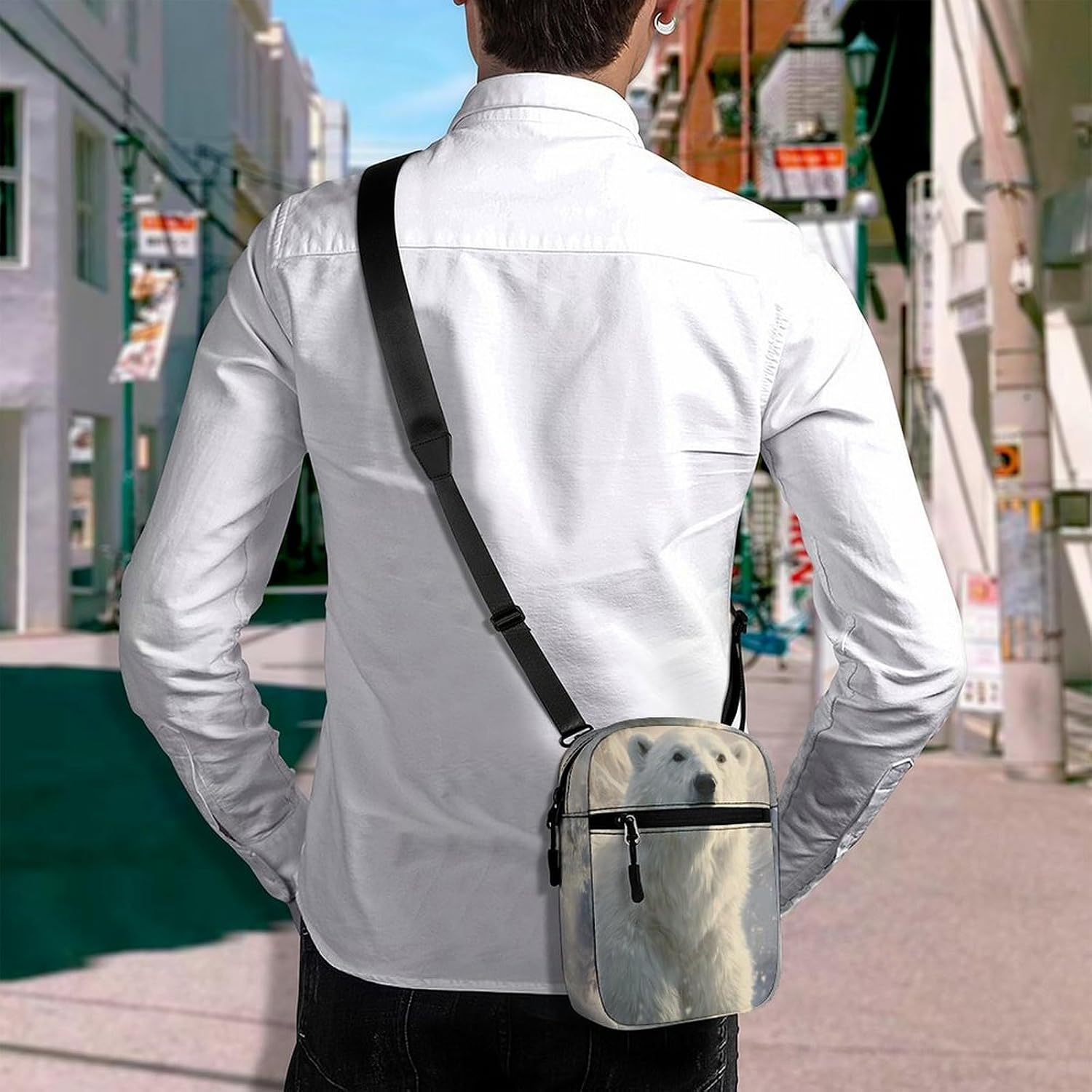 Bear in Winter Snowy Small Crossbody Bag Sling Shoulder Satchel | for women men,work travel workout,detachable and adjustable shoulder strap