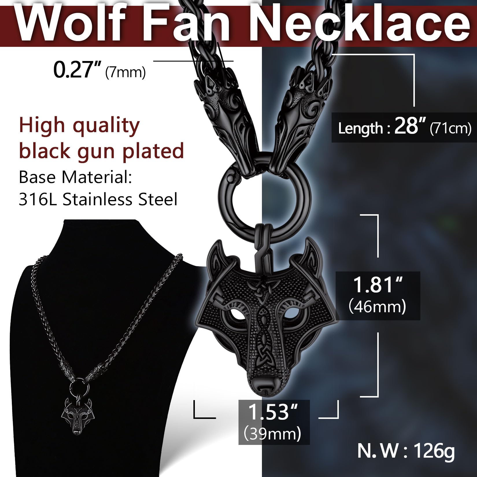 ChainsProMax Collana da uomo massiccia in stile vichingo Mjolnir/Fenrir lupo/celtico/rune, con catena da 71,1 cm, gioiello vichingo norreno, placcato oro/nero, in confezione regalo