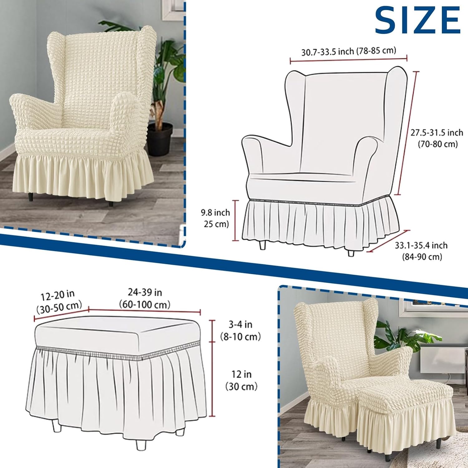 Stretch Seersucker Wingback Chair Slipcover, Bubble Wing Chair Slipcovers with Skirt, Living Room High Back Chair Covers Set with Ottoman Cover(Beige,1)