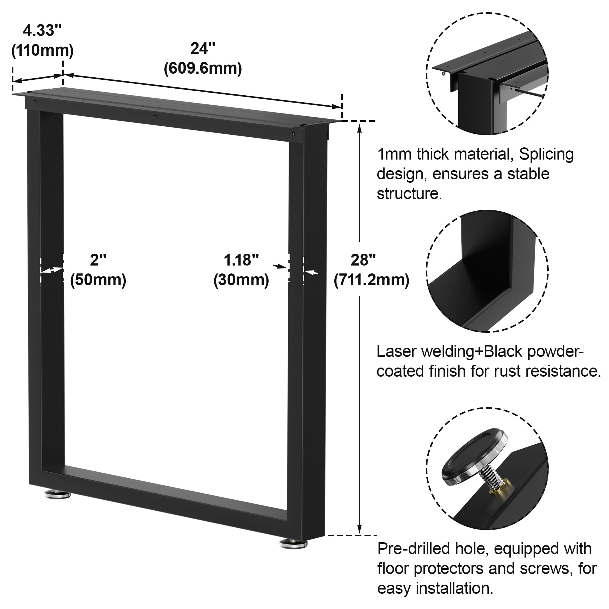 Industrielle Tischbeine Metall Schwarz, 28" x 24", 2 Stück, Robuste Schreibtischbasis aus Stahlrohr für Esszimmer, Tischbeine 70cm Schwarz und DIY-Möbelstütze, quadratische Form