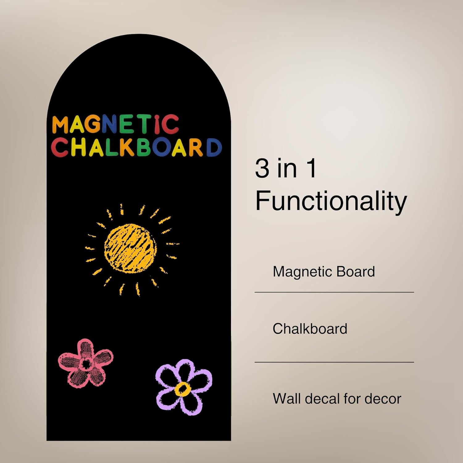 Magnetic Chalkboard Arch Wall Decal 39”x18” Peel and Stick Self Adhesive Blackboard Contact Paper for Walls, Playroom, or Classroom for Kids Black Chalk Board Home Decor Includes 55 Magnet Characters