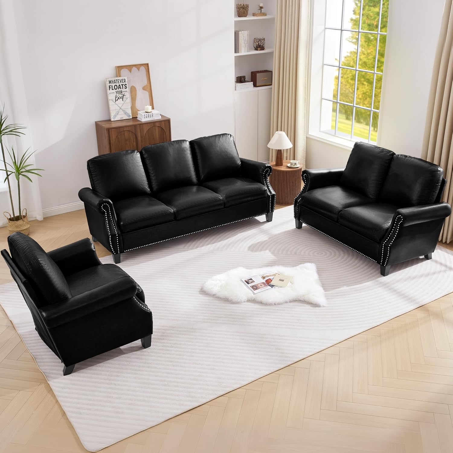 LEVNARY Compact PU Leather Sofa Set 3 Piece, Small Space Couch Set with 3-Seater, Loveseat & Armchair, Comfortable Nailhead Trim Living Room Furniture for Apartment, Office, Guest Room (Black)