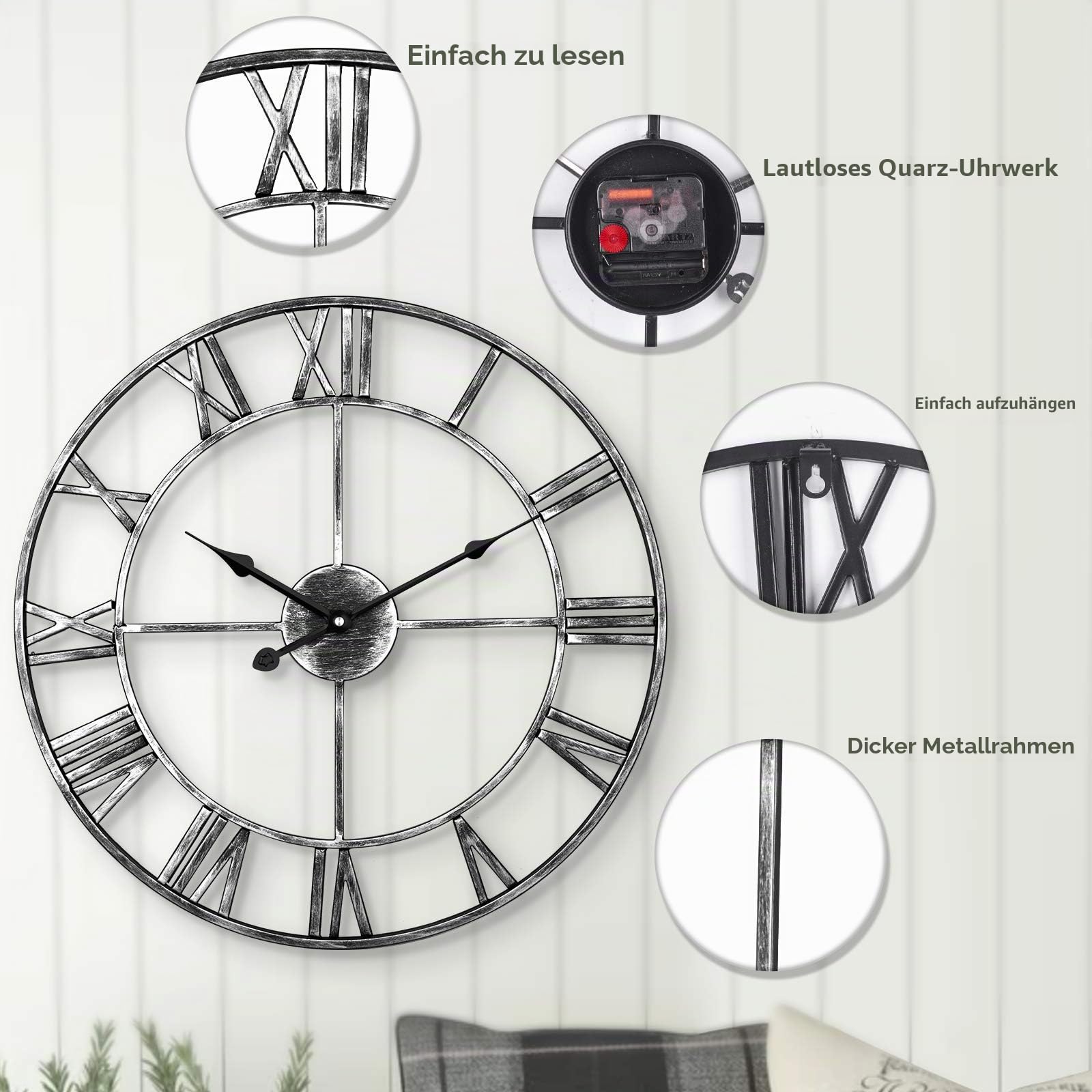Leise Wanduhr, europäisches Bauernhaus, Vintage-Uhr mit römischen Ziffern, 47 cm, Nicht tickend, batteriebetrieben, Metallskelett, dekorative Uhr für Zuhause, Küche, Café (Silber)