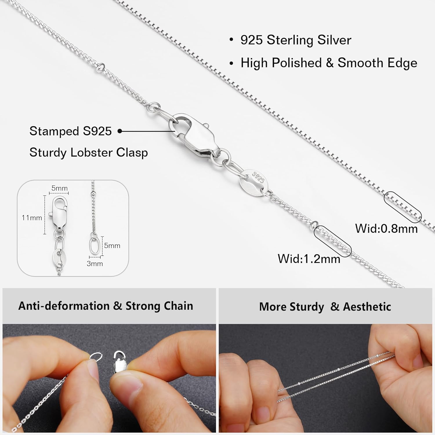 IIEFWELL S925 Sterling Silver Chain Necklace for Women - 1.2/0.8mm Satellite Bead Cable Box Chains Necklace Set, Hypoallergenic Sturdy Women's Silver Chain Necklaces, 16/18/20/22 Inches Jewelry Gifts - Image 3