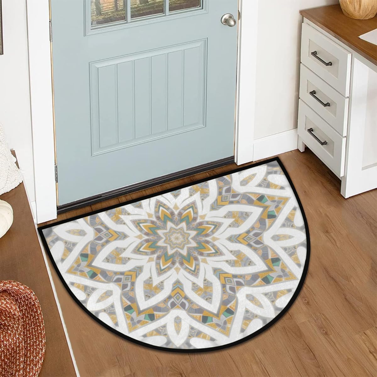 Half Round Door Mat - Indoor Outdoor Gold Mandala Art Half Circle Rug for Entryway, Bathroom, Kitchen, Living Room - Washable Non-Slip Half Moon Mat for Bedroom, Hallway, Toilet, Classroom