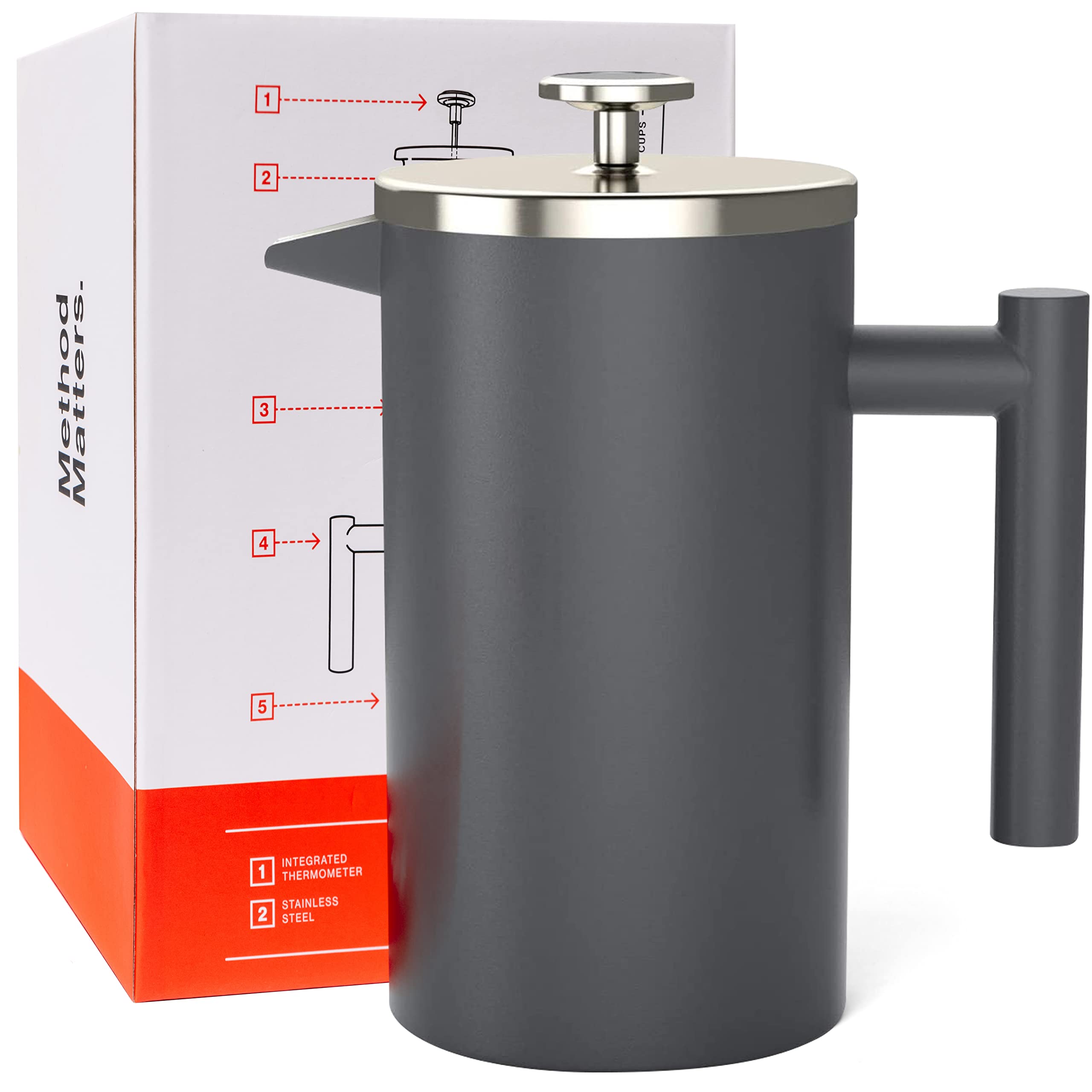 Barista WarriorFrench Press with Thermometer - Insulated Coffee Press - Stainless Steel Coffee Maker (1.0L, 34 fl oz, Gray)