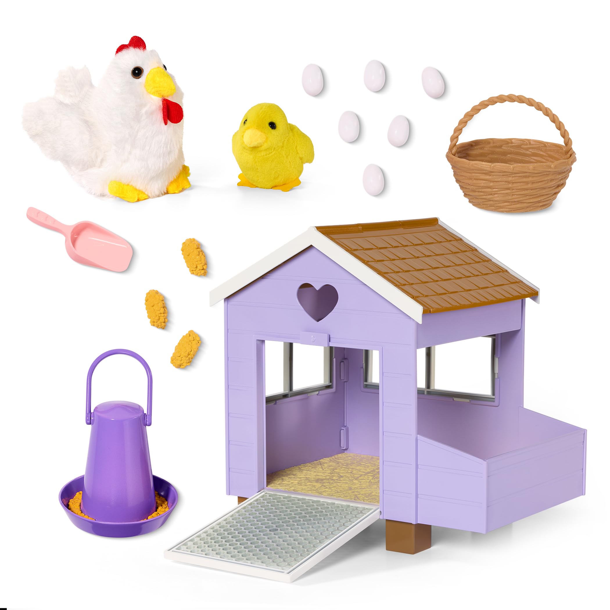 Our Generation – Henhouse Farm Home con tetto apribile & porta – Pulcino peluche & Uova che depongono animali di pollo farciti