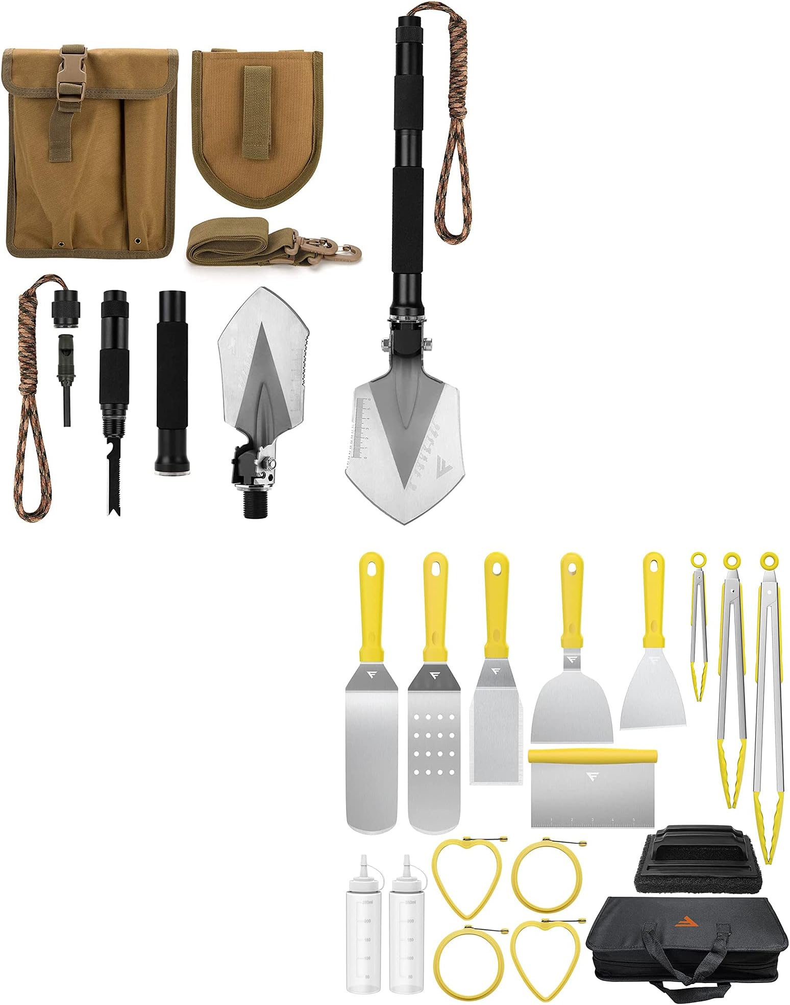 FiveJoy Military Folding Shovel Multitool (C1) +Griddle Accessories Kit for Camp Chef BBQ Tools, 17 PCS