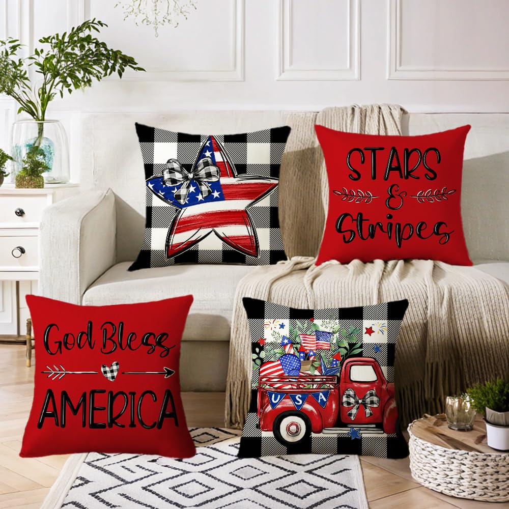 LSMIAO 4th of July Patriotic Throw Pillow Covers, Set of 4, 18x18 Inch, Buffalo Plaid, Stars & Stripes, God Bless America, USA, 100% Polyester