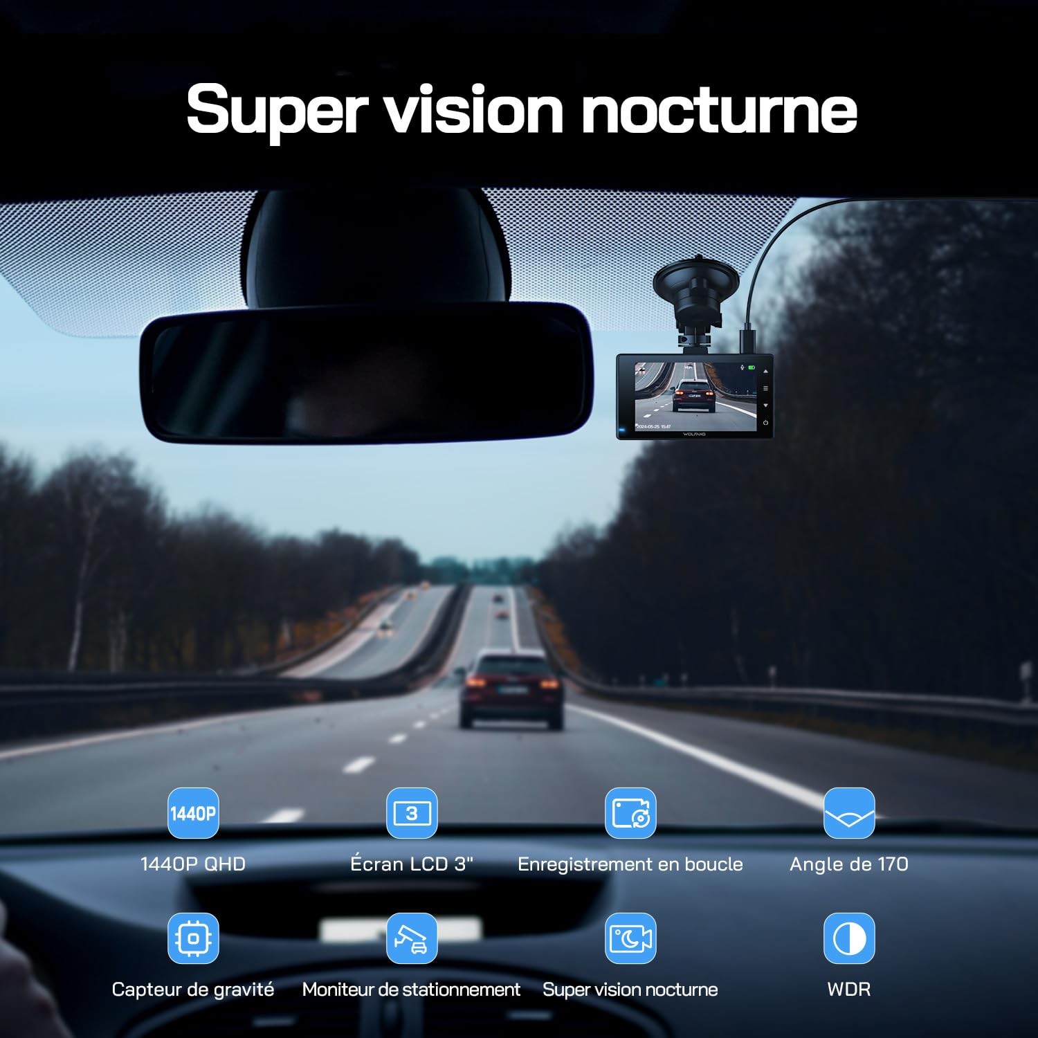 WOLFANG 2.5K Dashcam Voiture Avant Arrière, 1440P+1080P FHD Caméra Embarquée Voiture, IPS 3" Dash Cam Voiture Grand Angle de 170°, G-Capteur, WDR, 24H Mode Parking, Enregistrement en Boucle