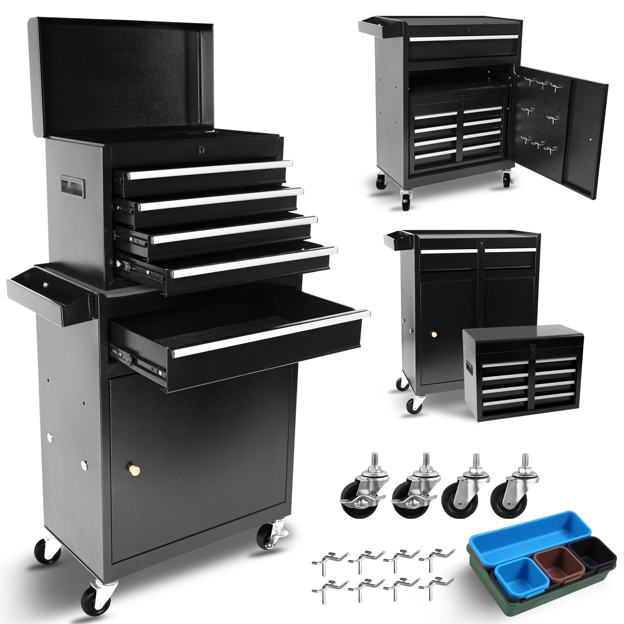 5-Drawer Tool Chest, 2-in-1 Rolling Tool Chest with Locking System, Detachable Tray & Storage Box, Tool Cart with Sliding Drawers for Garage, Workshop, Home Crafts Use