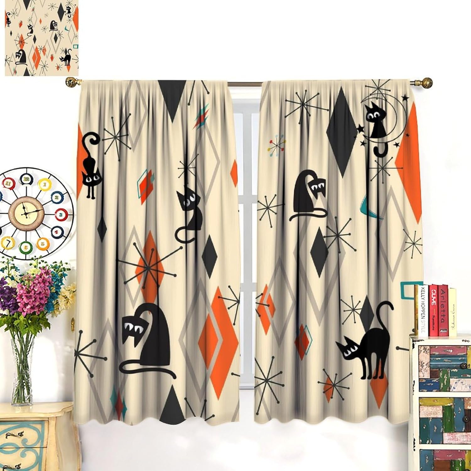 Mid Century Black Cat Blackout Curtains, Vintage 1950s Square Abstract Art Atomic Animal Windows Treatments, Thermal Insulated Drapes for Kids Girls Living Room Bedroom Bathroom 42x63in