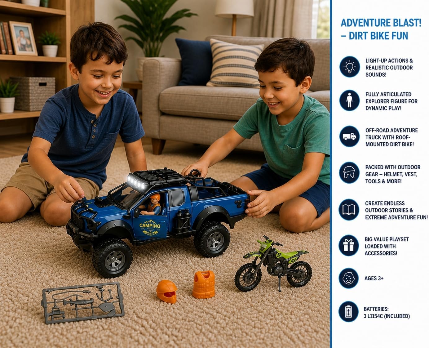 Adventure Blast Dirt Bike Fun Playset – Light-Up Off-Road Truck with Sounds, Explorer Figure & Dirt Bike, Outdoor Adventure Vehicle Toy with Helmet, Tools & Accessories for Kids Ages 3+ image 3