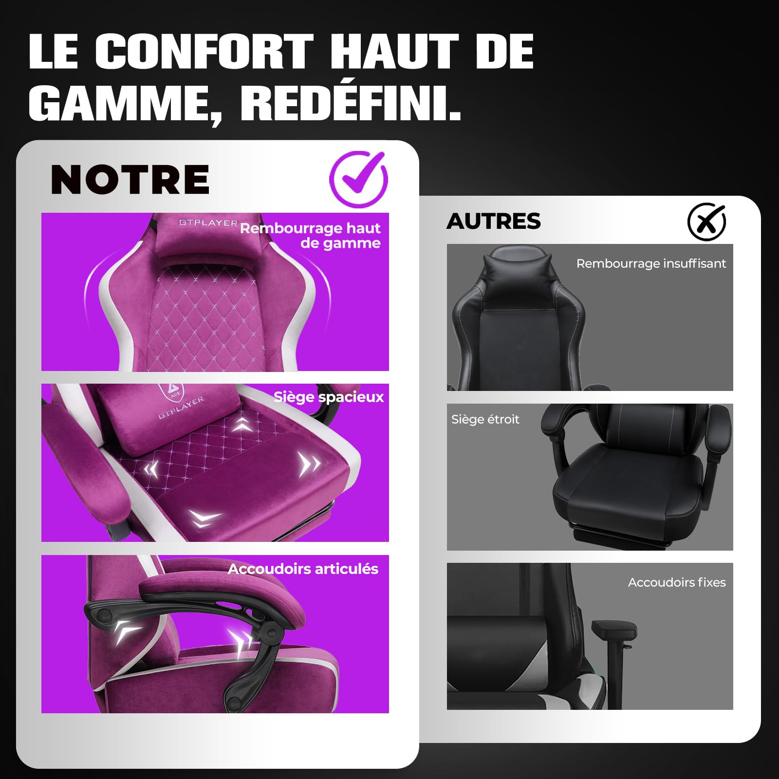 GTPLAYER Chaise Gaming Ergonomique, Chaise de Bureau en Tissu Respirant, Grande et Haute, pivotante, avec Repose-Pieds, Soutien Lombaire réglable et appuie-tête, Violet
