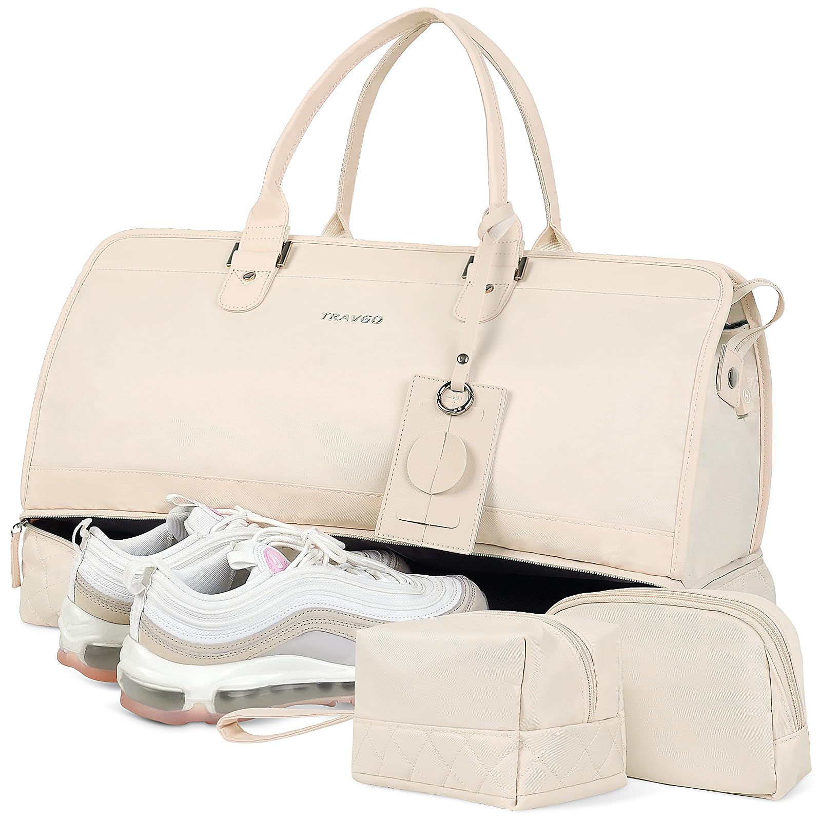 Travgo Weekender Bags for Women Travel, 60L Travel Duffle Bag with Shoe Compartment & Wet Pocket,Carry on Tote Bags with USB Charging Port for Airplanes, Hospital, Sports, Gift, Beige, Weekender