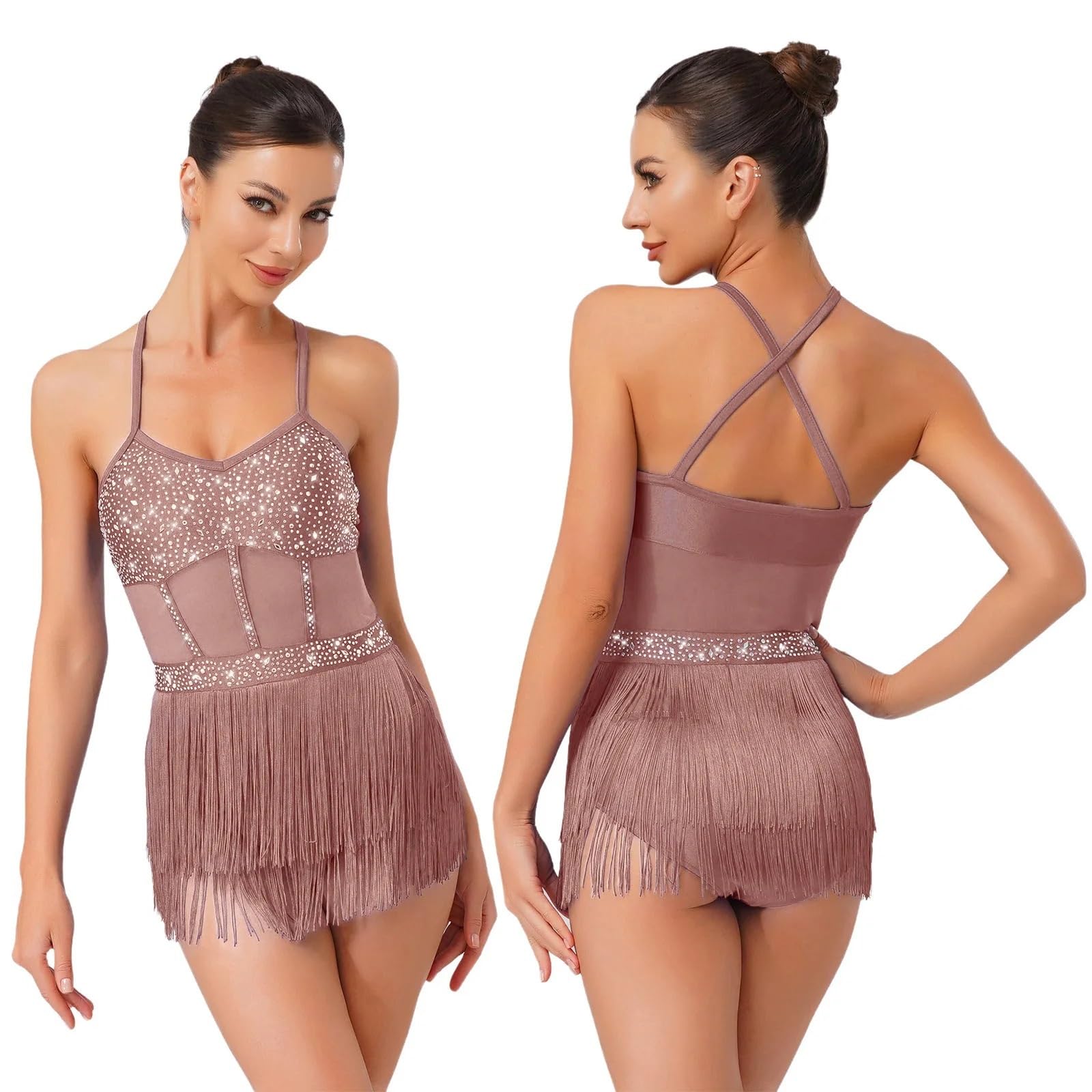 Latin-Tanzkleid mit Fransen Damen-Bodysuit for lateinamerikanischen Tanz, durchsichtiges Mesh-Patchwork mit abgestuften Quasten für Aufführung