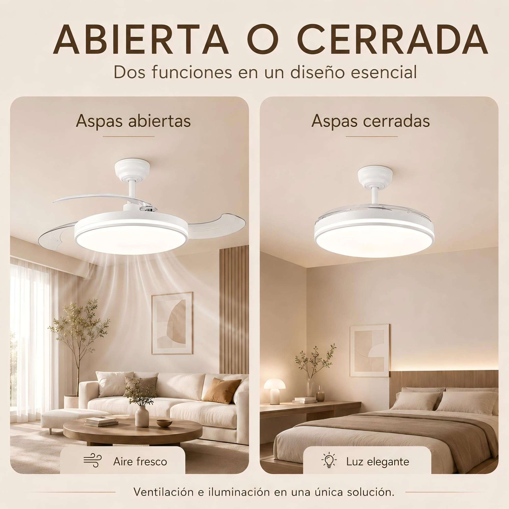 MARSI Ventilador de Techo con Luz y Aspas Retráctiles 106 cm, Motor DC Silencioso, 6 Velocidades, LED Regulable con Mando a Distancia, Función Verano Invierno para Dormitorio y Salón