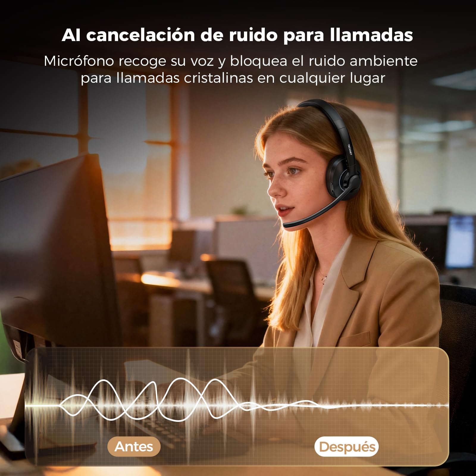TECKNET Casque Bluetooth sans Fil avec Microphone, Casque Bluetooth V6.0 Casque Micro sans Fil À réduction de Bruit IA, USB-A, +50H d'Autonomie, pour Bureau/Conducteurs Routiers/Centres D'Appels