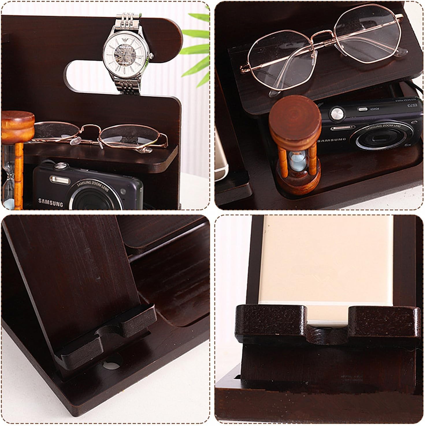 Wood Phone Docking Station, 5-in-1 Desktop Organizer for Phone, Watch, Keys, Glasses & Office Supplies, Birthday Gifts for Men, Dad Bedside Nightstand Organizer for Home/Office/Bedroom.(Brown)