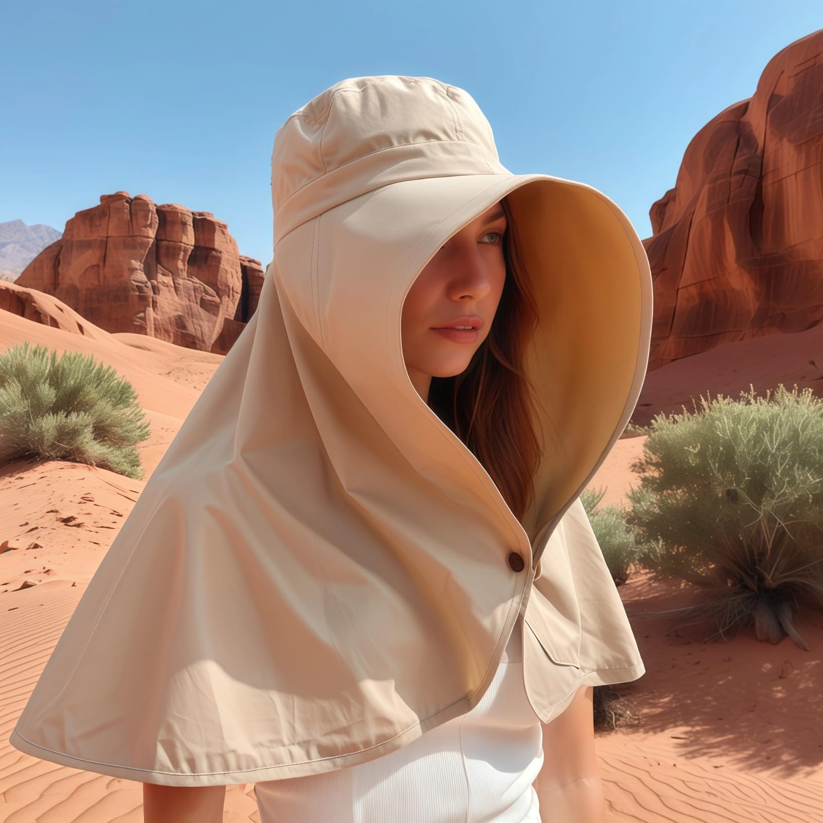 Lot de 2 chapeaux de soleil pour femme, large bord avec châle, visière anti-UV pour randonnée et plein air, noir et kaki
