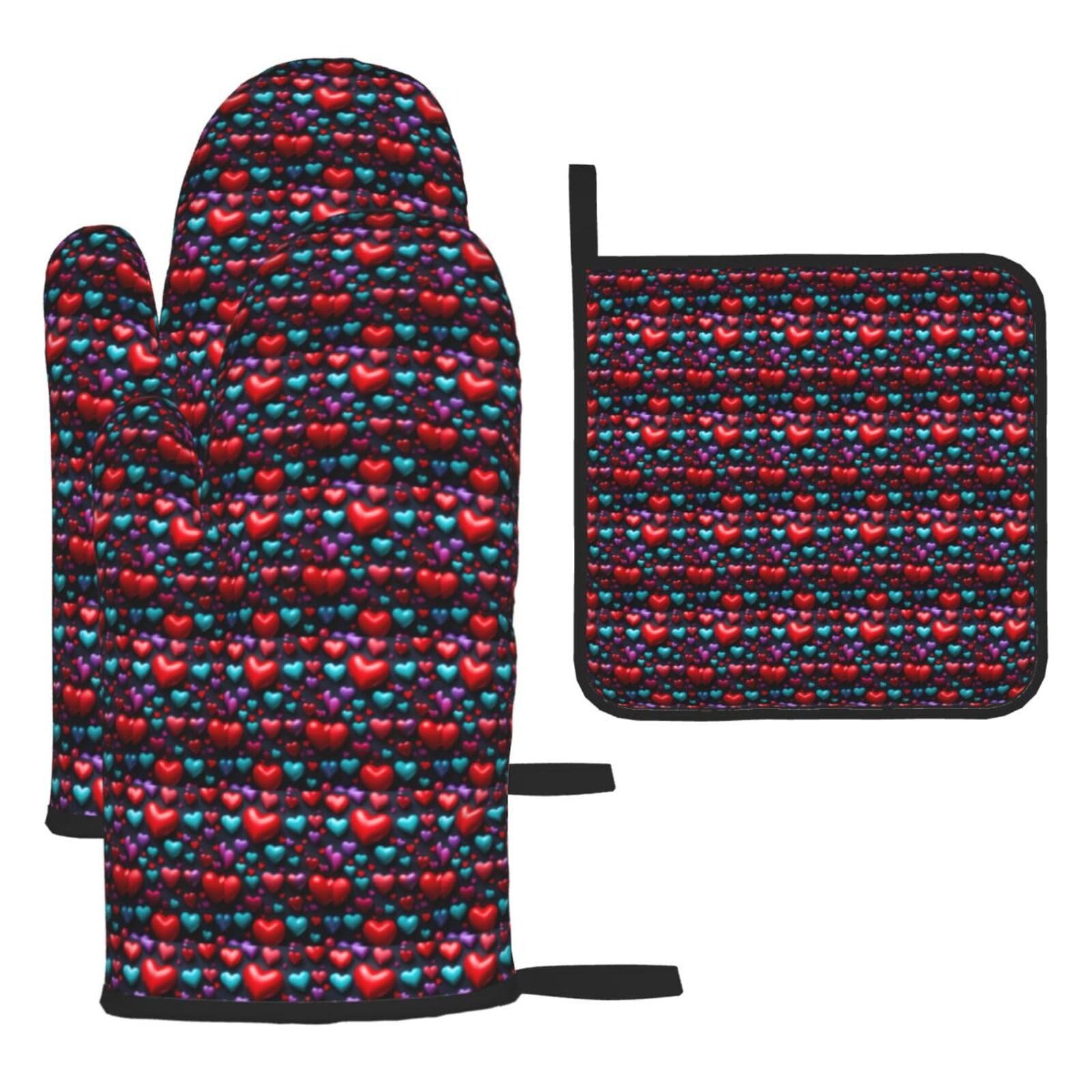 Romantic Red Heart Print Oven Mitts Kitchen Gloves Set Everyday Baking Grilling Microwaving Cooking Gift
