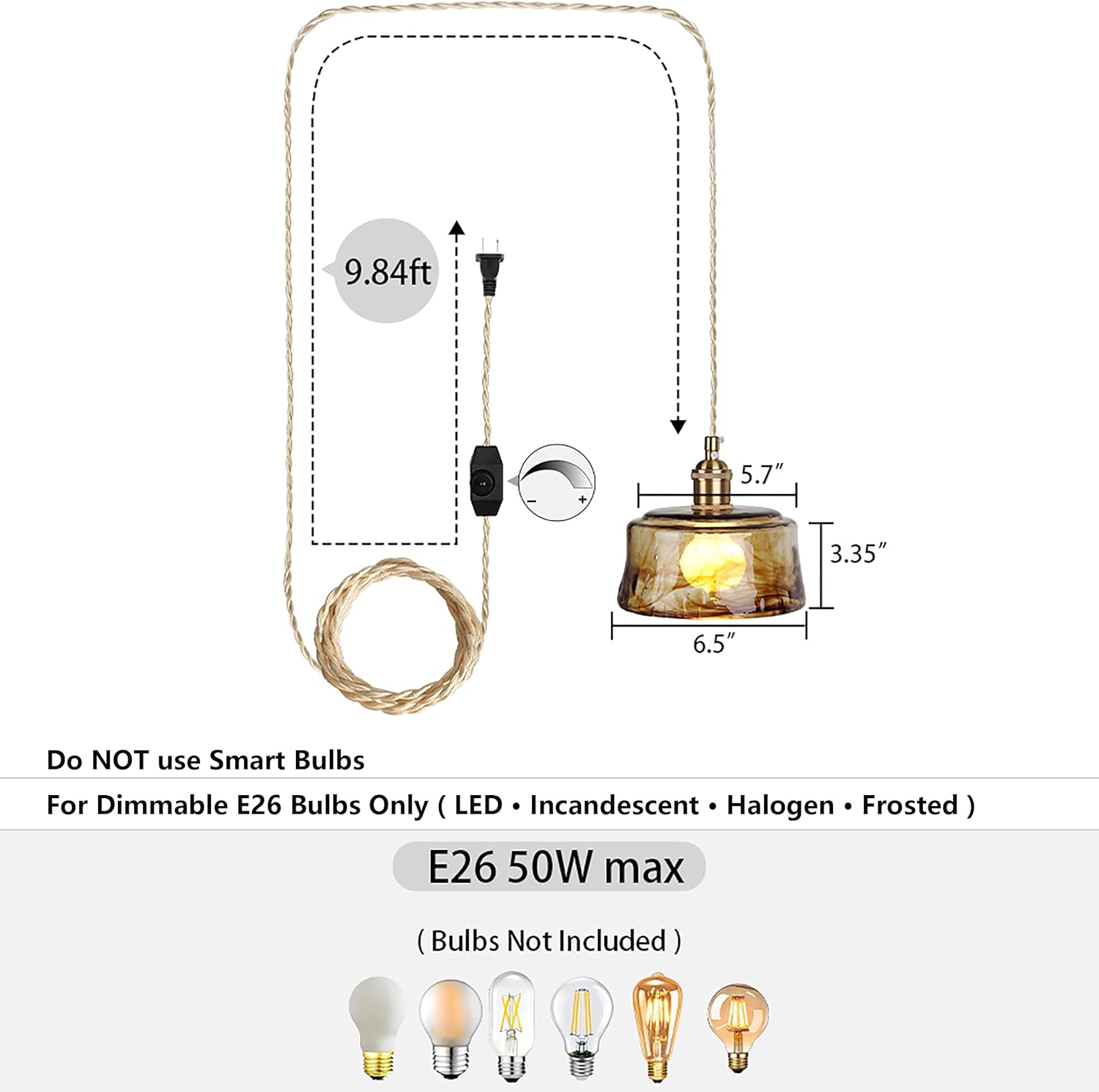 Sedelan Plug in Hanging Light, Glass Hanging Lights with Plug in Cord，Dimmable Pendant Lights Kitchen Island, Vintage Pendant Light Fixtures for Living Room Bedroom Hallway