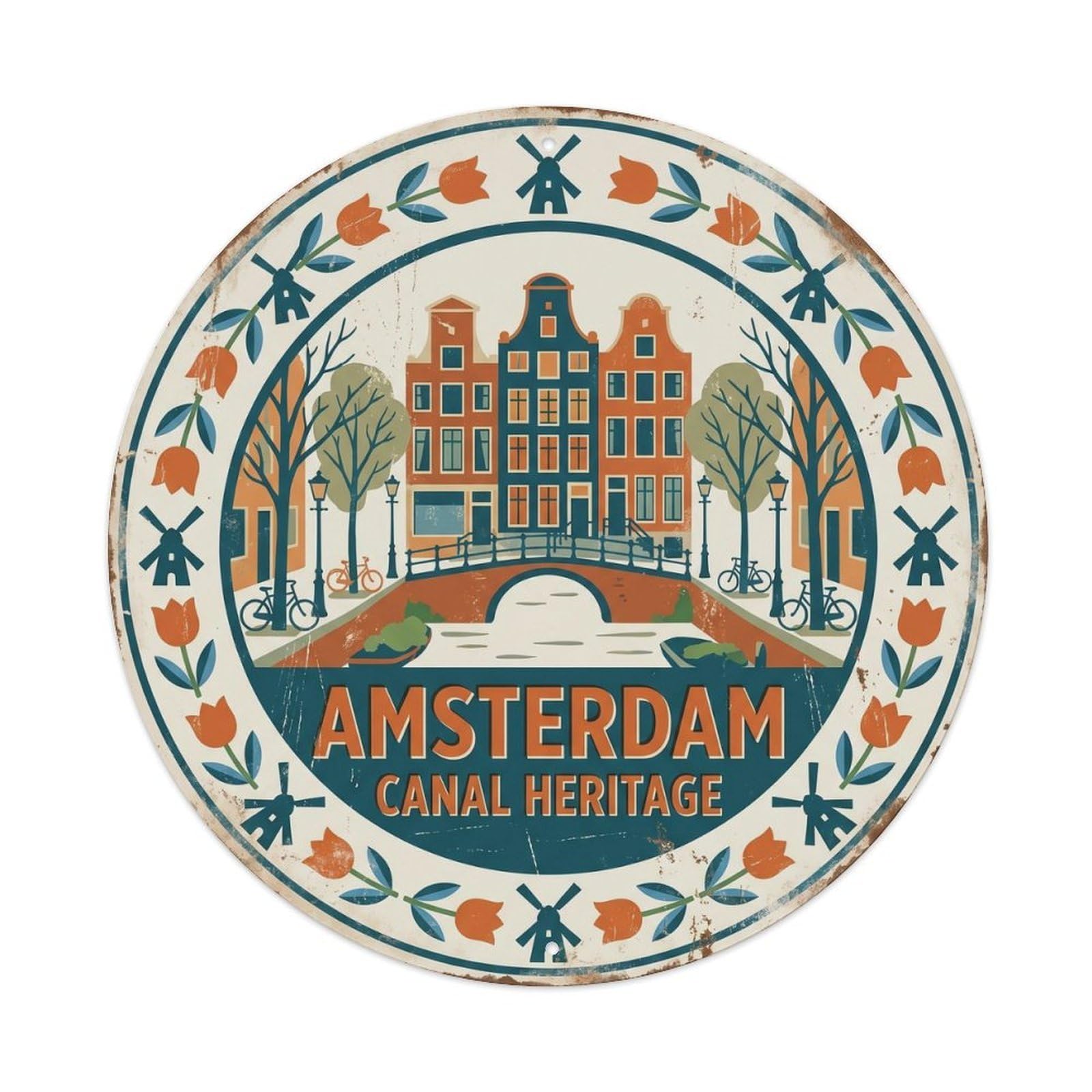 Vintage Travel Amsterdam Netherlands Canals Metal Tin Sign