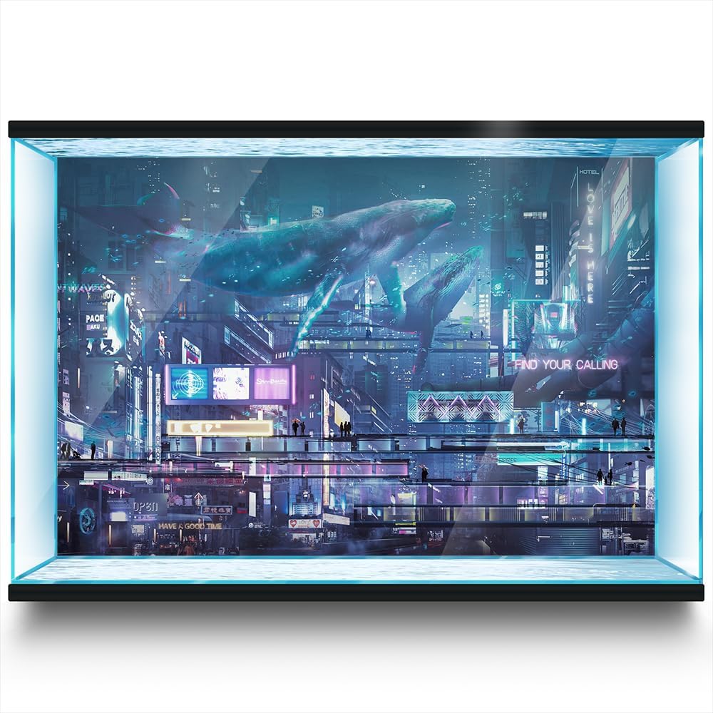 Aquarium Background Stickers - Neon Hologram Whale - Fish Tank Reptile Terrarium Decor Poster (120 x 60 cm / (47.2 x 23.6 inches))