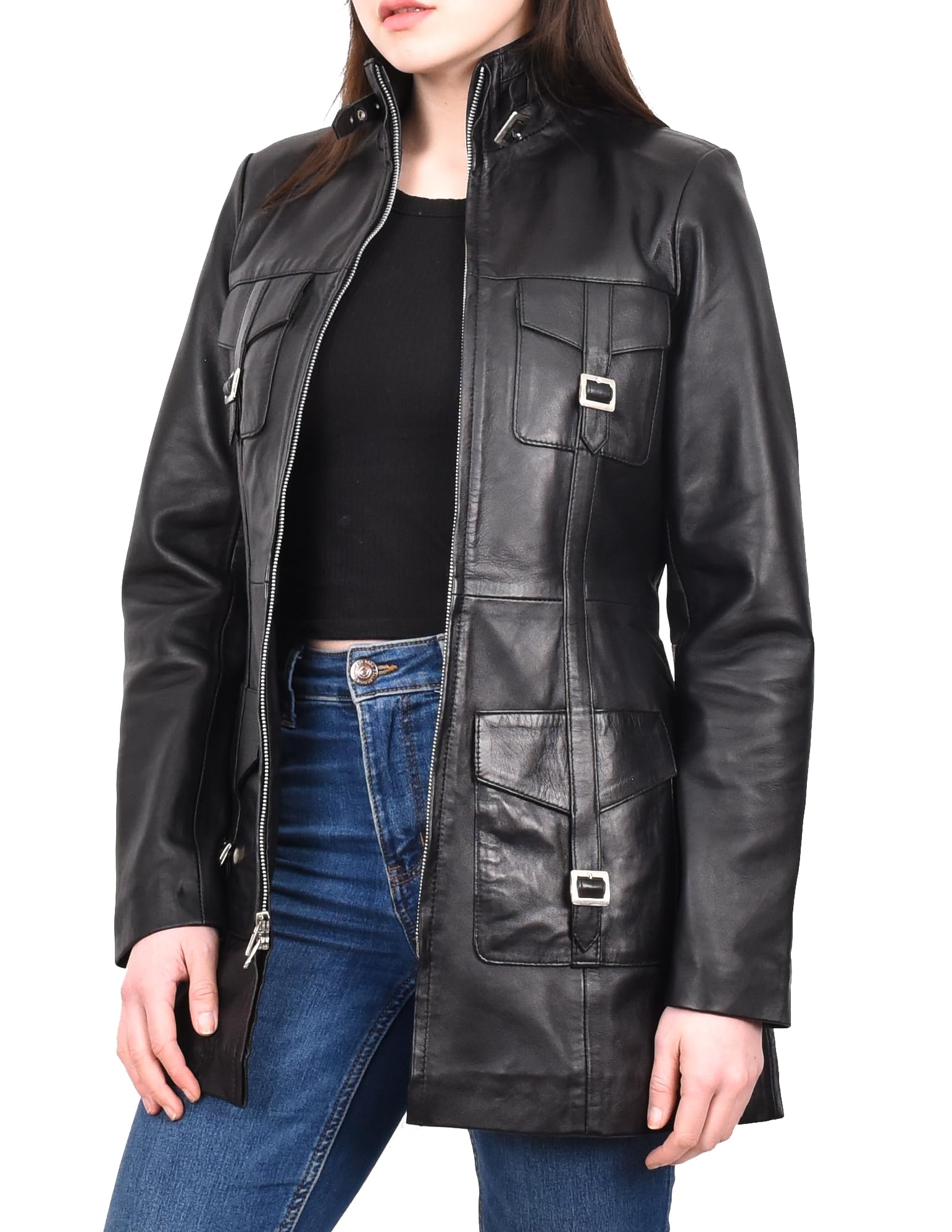 Divergent Retail Women's Black Genuine Leather Mid Length Coat Dual Zip Fastening Jacket Fernande (Uk, Numeric, 20, Regular, Regular, )