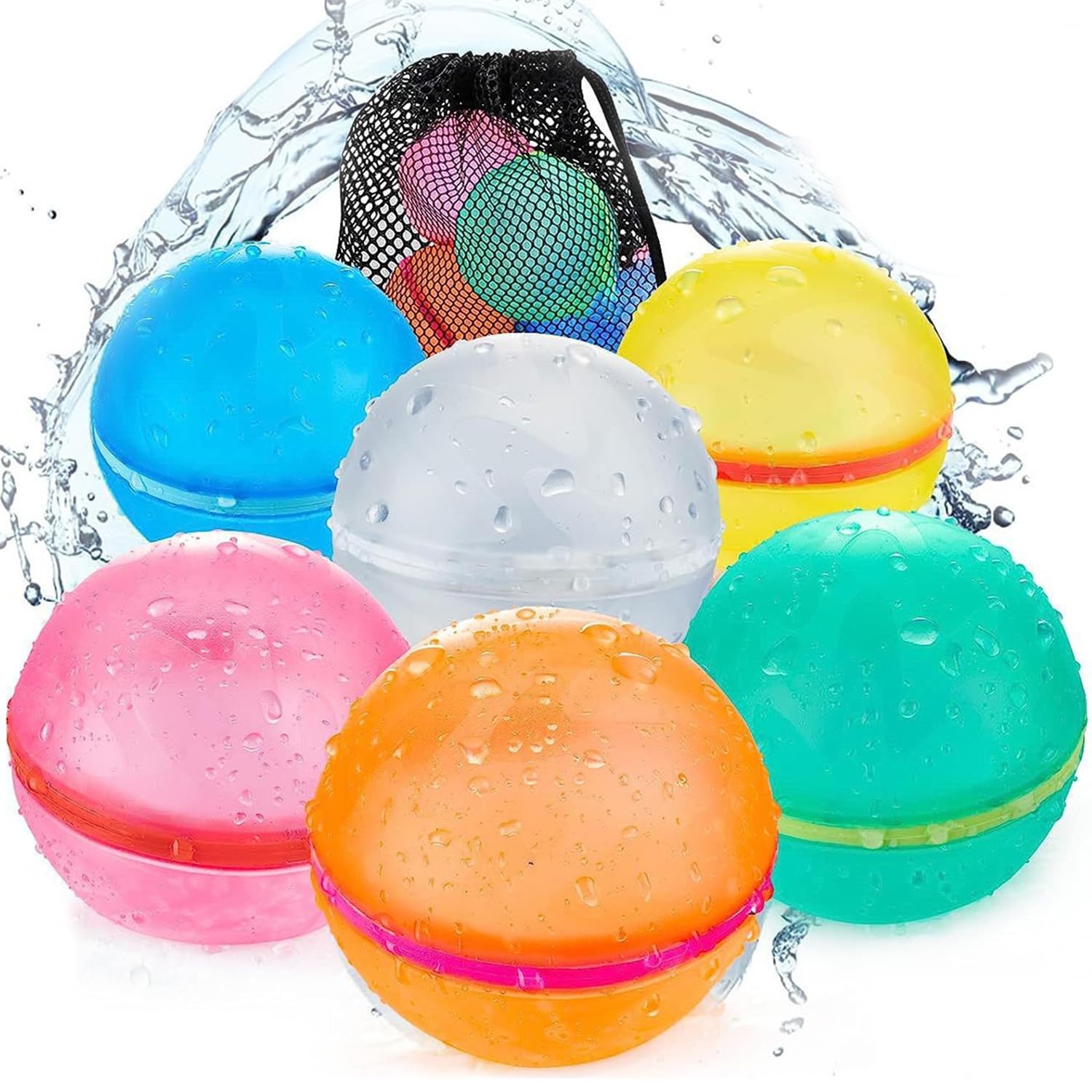 6 Pcs Reusable Magnetic Water Balloons, with Mesh Bag Self Closing Magnetic Spray Balls Silicone magnetic water balloon Reusable water balloons for Kids, Adults, Pool Party Beach Water Toys