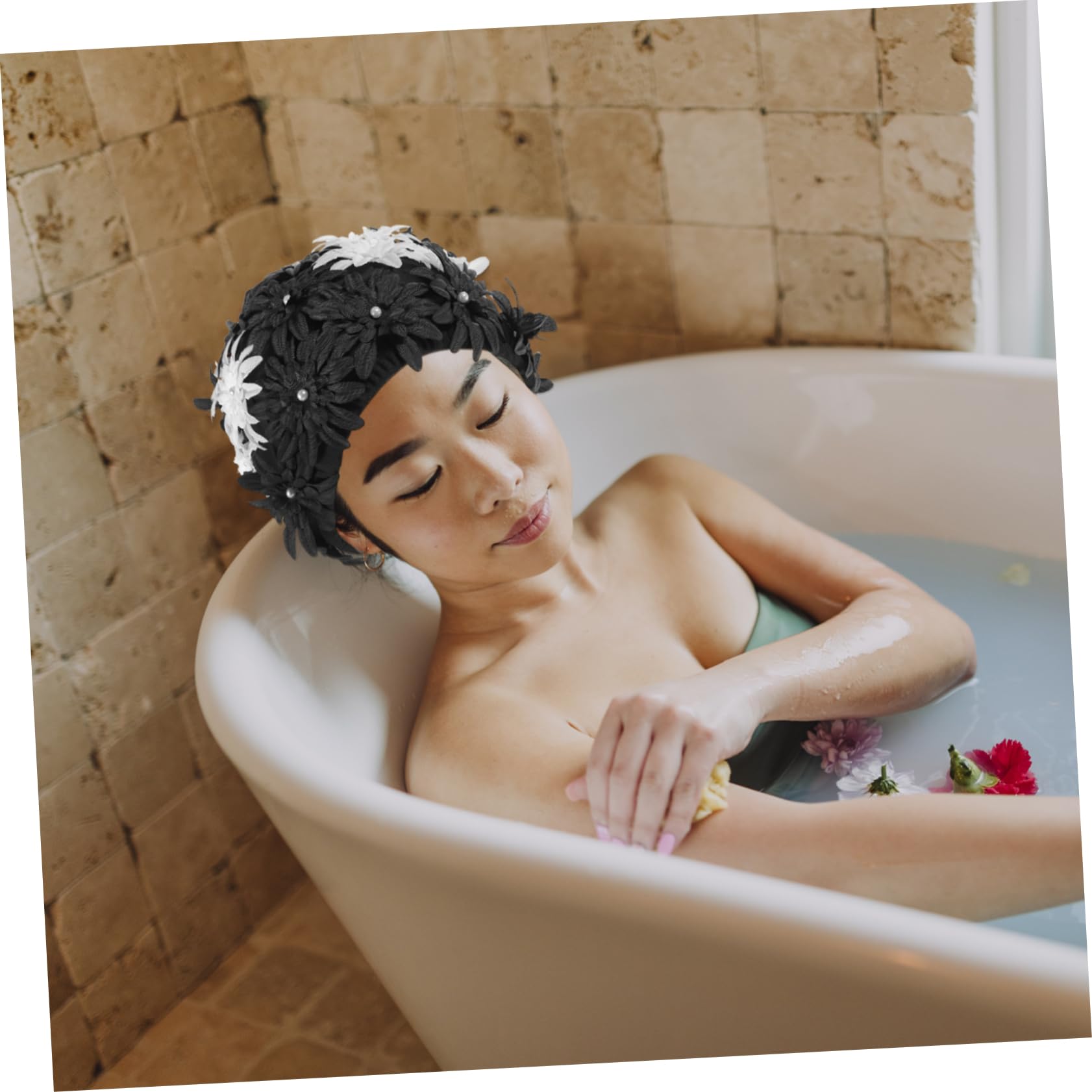 Mikikit Bonnet de Natation Floral pour Femmes Bonnet Élastique Imperméable pour Cheveux Longs Chapeau de Piscine Pratique et Confortable pour Adultes et Filles