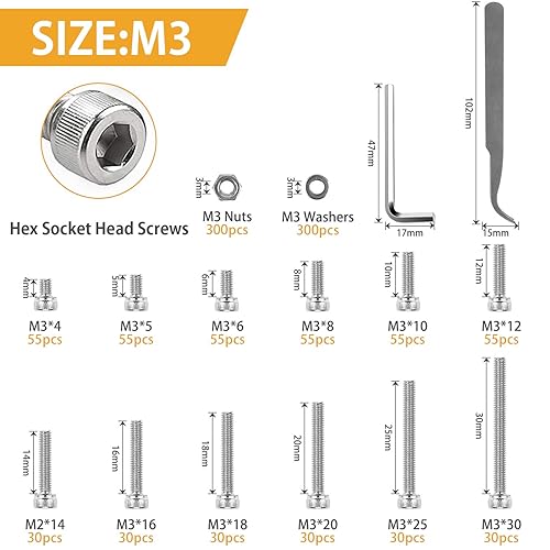 Miniatura 2 de VIGRUE Juego de tornillos de cabeza hexagonal M3, 1110 piezas, M3 x 4568101214161820251.181 in, juego surtido de tornillos de acero inoxidable con